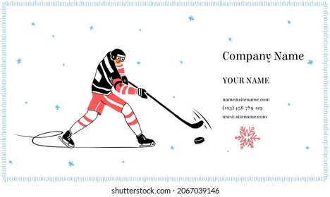 Vektorgrafik, Visitenkartenvorlage zum Thema Wintersport für Sportfirmen, Sportbekleidung, Gerätehäuser, etc. Hockey-Spieler wird in Bewegung dargestellt und trifft den Puck. Schneeflocken im Hintergrund. 