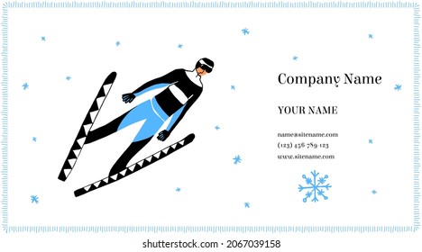 Vector layout, business card template for sports company, group, winter sports clothing store, equipment for skiing. It depicts athlete, alpine skier in ski jump from springboard, dynamics. Snowflake.