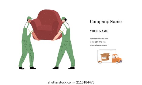 Vector layout, business card template with the image of employees of the cargo transportation service, transporting furniture. Truck with load, box is depicted. There is empty space for personal data.