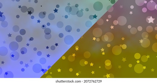 Disposición vectorial con círculos, estrellas. Discos coloridos, estrellas en un fondo de degradado simple. Patrón de tela de moda, papel pintado.