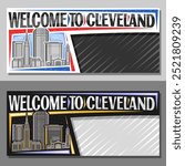 Vector layout for Cleveland with copy space, decorative ticket with line illustration of cleveland city scape on day and dusk sky background, art design tourist card with words welcome to cleveland