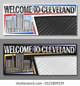 Vector layout for Cleveland with copy space, decorative ticket with line illustration of cleveland city scape on day and dusk sky background, art design tourist card with words welcome to cleveland