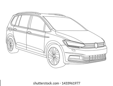 vector layout of contour drawing of compact van. Volkswagen Touran 2nd generation.