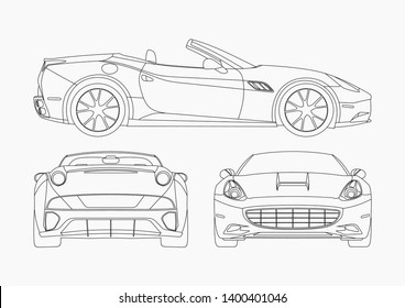 vector layout of contour drawing of sports convertible. Ferrari California.