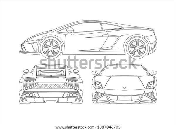vector layout of a contour\
drawing of a sports car, a view from three sides. Lamborghini\
gallardo.