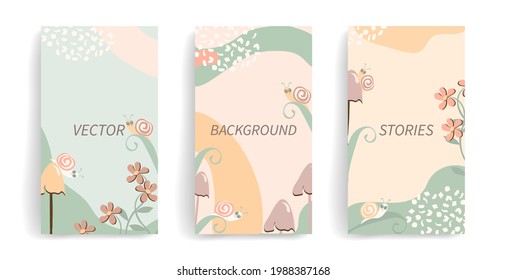 Vector layout with copy space for text. Abstract flowers design template for social media posts, stories, banners, mobile apps, web, print ads. Seasonal journaling card with funny snail and mushrooms