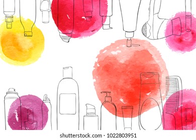 vector layout with cosmetics and watercolor spots, hand drawn illustration