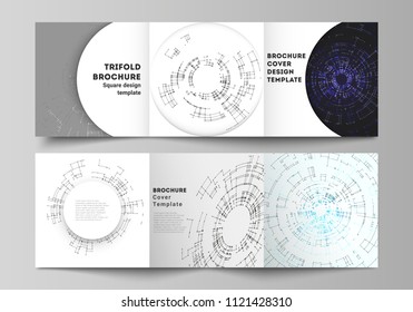 The vector layout of covers design templates for trifold square brochure or flyer. Network connection concept with connecting lines and dots. Technology design, digital geometric background.
