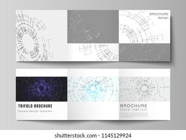 The vector layout of covers design templates for trifold square brochure or flyer. Network connection concept with connecting lines and dots. Technology design, digital geometric background.