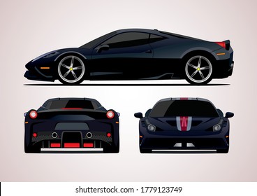 vector layout of a dark, sports car, view from three sides. Ferrari 458 Speciale Coupe.