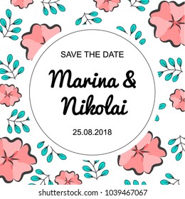 Vector layout decorative greeting card or invitation design background. Floral doodles, branches, flowers, laurels, banners and frames. Wedding invitation card suite with flowers.