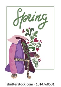 Vector layout decorative greeting card or spring sale poster design. Spring illustration of leaves, flowers and hearts flying from a jacket with leopard legs and tail instead of a belt