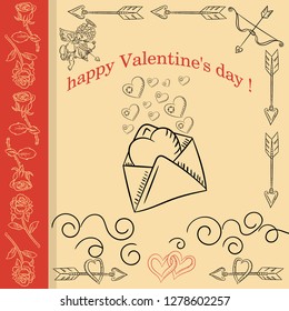 vector layout design cards in the style of children's Doodle on the theme of Valentine's day open envelope with flying hearts
