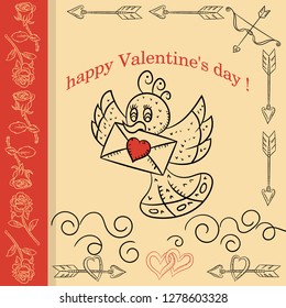 vector layout design cards in the style of children's Doodle on the theme of Valentine's day the bird flies with a congratulatory envelope in its beak