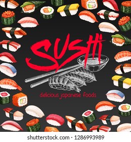 Vector layout design japanese sushi roll for asian cuisine promotion template.