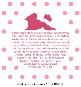 Vector layout design with seamless pattern pink dots background and silhouette lying poodle. Perfect for magazine, brochure, cards, invitations, party, banners, poster, baby shower. 10EPS