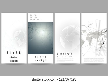 Vector layout of flyer, banner design templates. Futuristic geometric design with world globe, connecting lines and dots. Global network connections, technology digital concept.