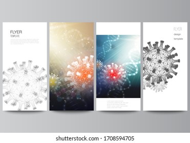 Vector layout of flyer, banner design template for website advertising design, vertical flyer, website decoration. 3d medical background of corona virus. Covid 19, coronavirus infection. Virus concept