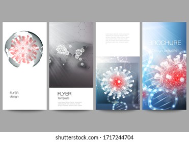 Vector layout of flyer, banner design template for website advertising design, vertical flyer, website decoration. 3d medical background of corona virus. Covid 19, coronavirus infection. Virus concept