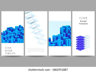 Vector layout of flyer, banner design templates for website advertising design, vertical flyer design, website decoration backgrounds. 3d render vector composition with dynamic geometric blue shapes.