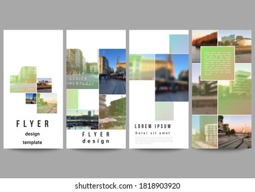 Vector layout of flyer, banner design templates for website advertising design, vertical flyer design, website decoration backgrounds. Abstract project with clipping mask green squares for your photo.
