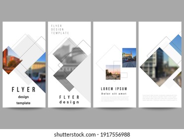 Vector layout of flyer, banner design templates with geometric simple shapes, lines and photo place for website advertising design, vertical flyer, website decoration backgrounds.