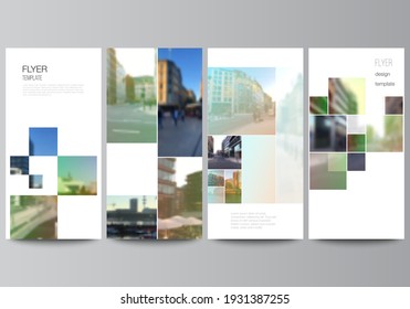 Vector layout of flyer, banner design templates for website advertising design, vertical flyer design, website decoration backgrounds. Abstract project with clipping mask green squares for your photo.