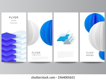 Vector layout of flyer, banner design templates for website advertising design, vertical flyer design, website decoration backgrounds. 3d render vector composition with dynamic geometric blue shapes.