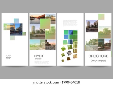 Vector layout of flyer, banner design templates for website advertising design, vertical flyer design, website decoration backgrounds. Abstract project with clipping mask green squares for your photo.