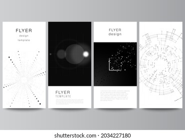 Vektorlayout des Flyer, Bannerdesign-Vorlagen für Website-Design, vertikales Flyer-Design, Website-Dekoration.Schwarze Farbtechnologie-Hintergrund. Digitale Visualisierung von Wissenschaft, Medizin, Technologiekonzept