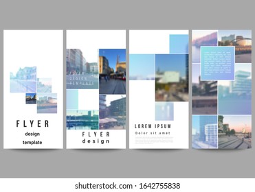 Vector layout of flyer, banner templates for website advertising design, vertical flyer design, website decoration backgrounds. Abstract design project in geometric style with blue squares.
