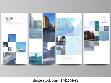 Vector layout of flyer, banner templates for website advertising design, vertical flyer design, website decoration backgrounds. Abstract design project in geometric style with blue squares.