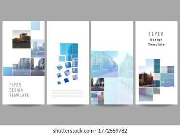 Vector layout of flyer, banner templates for website advertising design, vertical flyer design, website decoration backgrounds. Abstract design project in geometric style with blue squares.