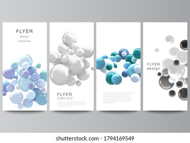 Vector layout of flyer, banner templates for website advertising design, vertical flyer design, website decoration backgrounds. Realistic vector background with multicolored 3d spheres, bubbles, balls