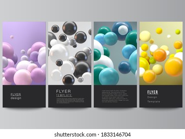 Vector layout of flyer, banner templates for website advertising design, vertical flyer design, website decoration. Abstract futuristic background with colorful 3d spheres, glossy bubbles, balls.