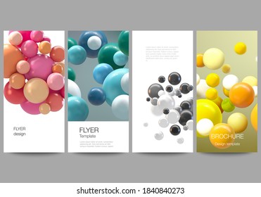 Vector layout of flyer, banner templates for website advertising design, vertical flyer design, website decoration. Abstract futuristic background with colorful 3d spheres, glossy bubbles, balls.