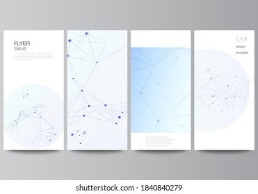 Vector layout of flyer, banner templates for website advertising design, vertical flyer design, website decoration backgrounds. Blue medical background with connecting lines and dots, plexus.