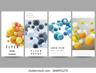 Vector layout of flyer, banner templates for website advertising design, vertical flyer design, website decoration backgrounds. Realistic vector background with multicolored 3d spheres, bubbles, balls