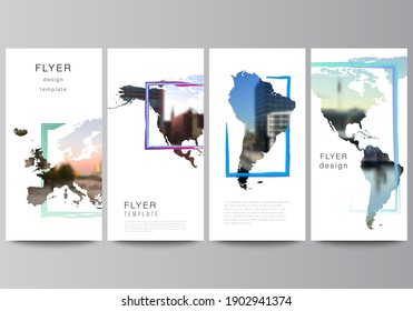 Vector layout of flyer, banner templates for website advertising design, vertical flyer design, website decoration. Design template in the form of world maps and colored frames, insert your photo.