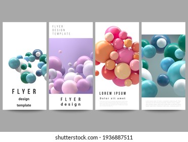 Vector layout of flyer, banner templates for website advertising design, vertical flyer design, website decoration. Abstract futuristic background with colorful 3d spheres, glossy bubbles, balls.