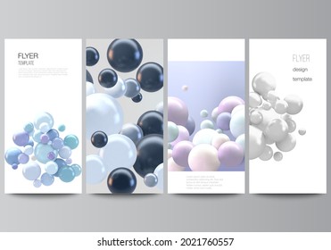Vector layout of flyer, banner templates for website advertising design, vertical flyer design, website decoration backgrounds. Realistic vector background with multicolored 3d spheres, bubbles, balls