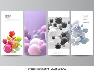Vektorlayout des Flyer, Bannervorlagen für Website-Werbegestaltung, vertikales Flyer-Design, Website-Dekoration. Abstrakter futuristischer Hintergrund mit bunten 3D-Kugeln, glänzenden Blasen, Bälle.