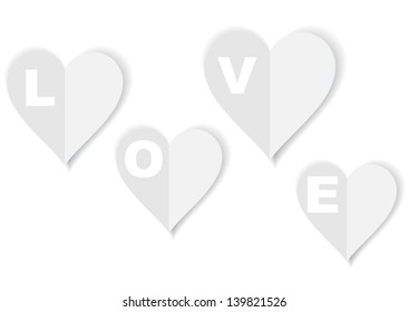 vector layout with four hanging paper hearts with the word love isolated on white background