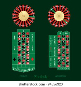  vector layout of french and american Roulette table and wheel