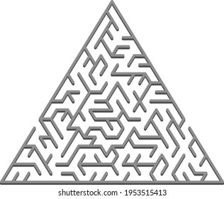 Vector layout with a gray triangular 3D maze, riddle. Abstract illustration with maze on a white background. Concept for making right choices.