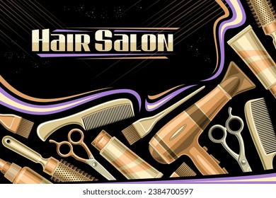 Vector layout for Hair Salon with empty copy space for text, decorative ad coupon with illustration of different hair stylist equipment, pastel colored beauty tools for hair salon on dark background