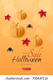 Vector layout for Halloween Sale banners and flyers. Holiday orange background with paper pumpkins, spiders and red maple leaves for discount and special offers. With place for text.