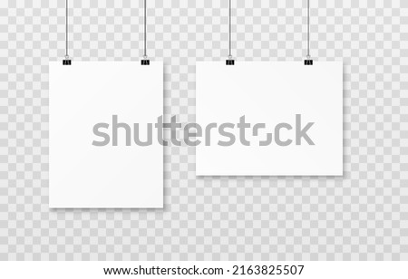 Vector layout of hanging posters PNG. Poster for advertising, blank template. White blank posters on isolated transparent background.