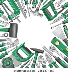 Layout de vetor para Ferramentas de Hardware com espaço de cópia para texto, cartaz decorativo com ilustração de ferramentas manuais profissionais de hardware para dia de trabalho, cartaz quadrado com ferramentas mecânicas de variedade em branco