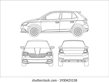 vector layout of the hatchback outline drawing.  Skoda Fabia.